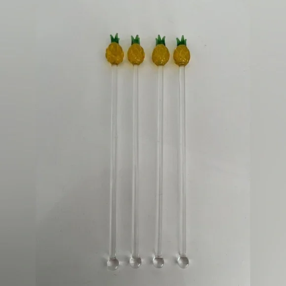 CRATE & BARREL Set of 4 Glass Pineapple Swizzle Sticks Cocktails Barware Tiki - Picture 11 of 12